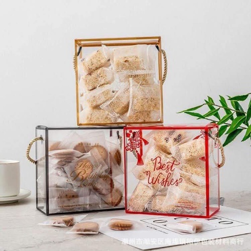 Hộp vuông mica quai xách để bánh/kẹo/quà tặng kt 14 x 14 x 7 cm/hộp