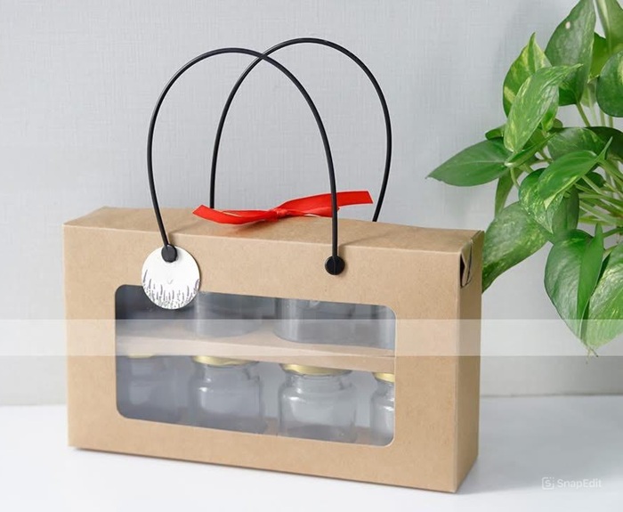 Hộp kraft nắp kiếng/mica có quai xách kt15x26x7 cm để quà tặng/yến/sản phẩm/hộp
