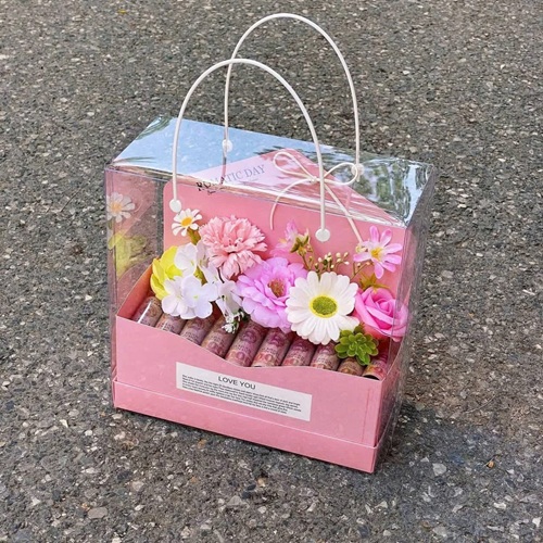 Hộp mica bì thư có quai xách để cắm hoa/quà tặng/sản phẩm kt 25x25x12 cm/hộp